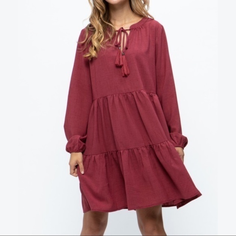 Burgundy Tiered Ruffle Dress - Various Sizes